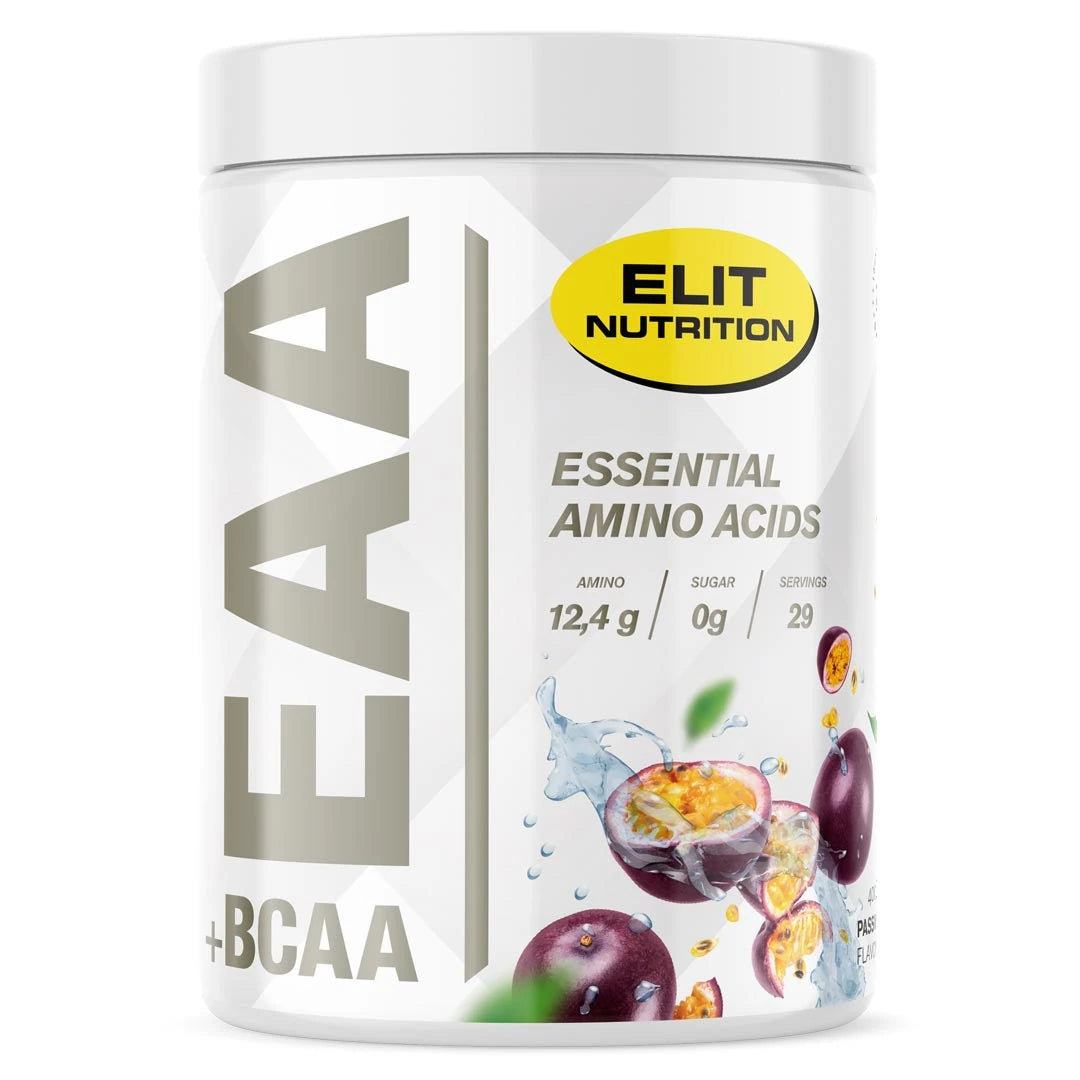 Elit Nutrition EAA + BCAA 400 g -aminohapot valkoisessa purkissa passionhedelmän kuvilla, makuna Passion., kuva 3/8
