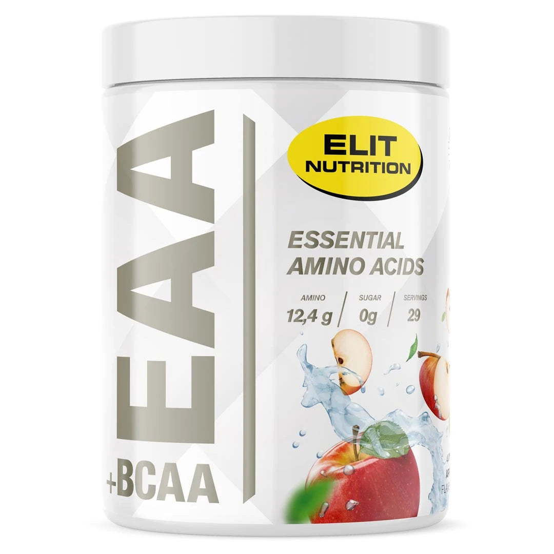 Elit Nutrition EAA + BCAA 400 g aminohappoja valkoisessa purkissa, jossa omenakuviointi Apple-maulle., kuva 4/8