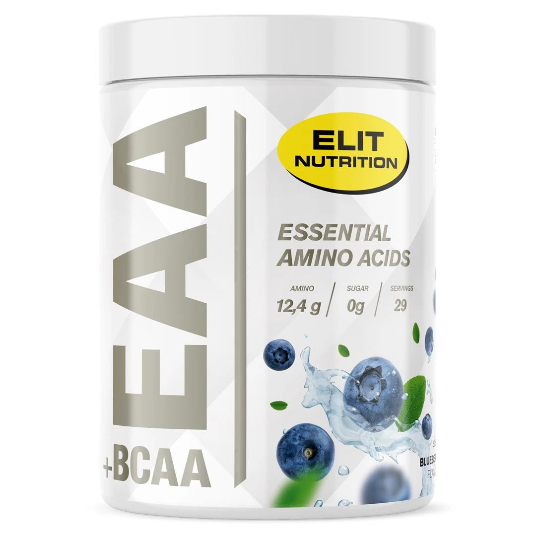 Elit Nutrition EAA + BCAA 400 g -aminohapot valkoisessa purkissa mustikkakuvituksella, makuna Blueberry., kuva 5/8