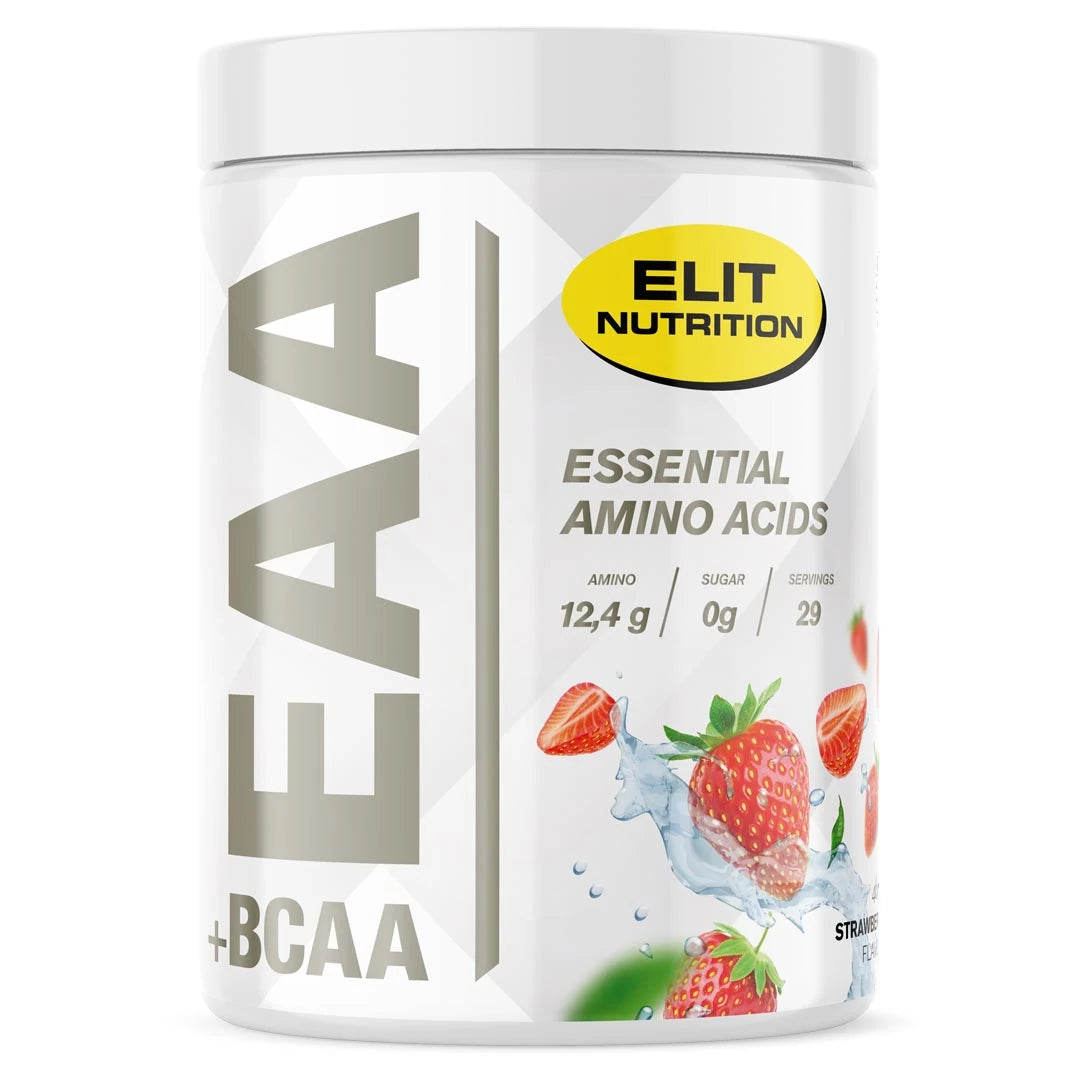 Elit Nutrition EAA + BCAA 400 g -aminohapot valkoisessa purkissa mansikkakuvituksella, makuna Strawberry., kuva 6/8