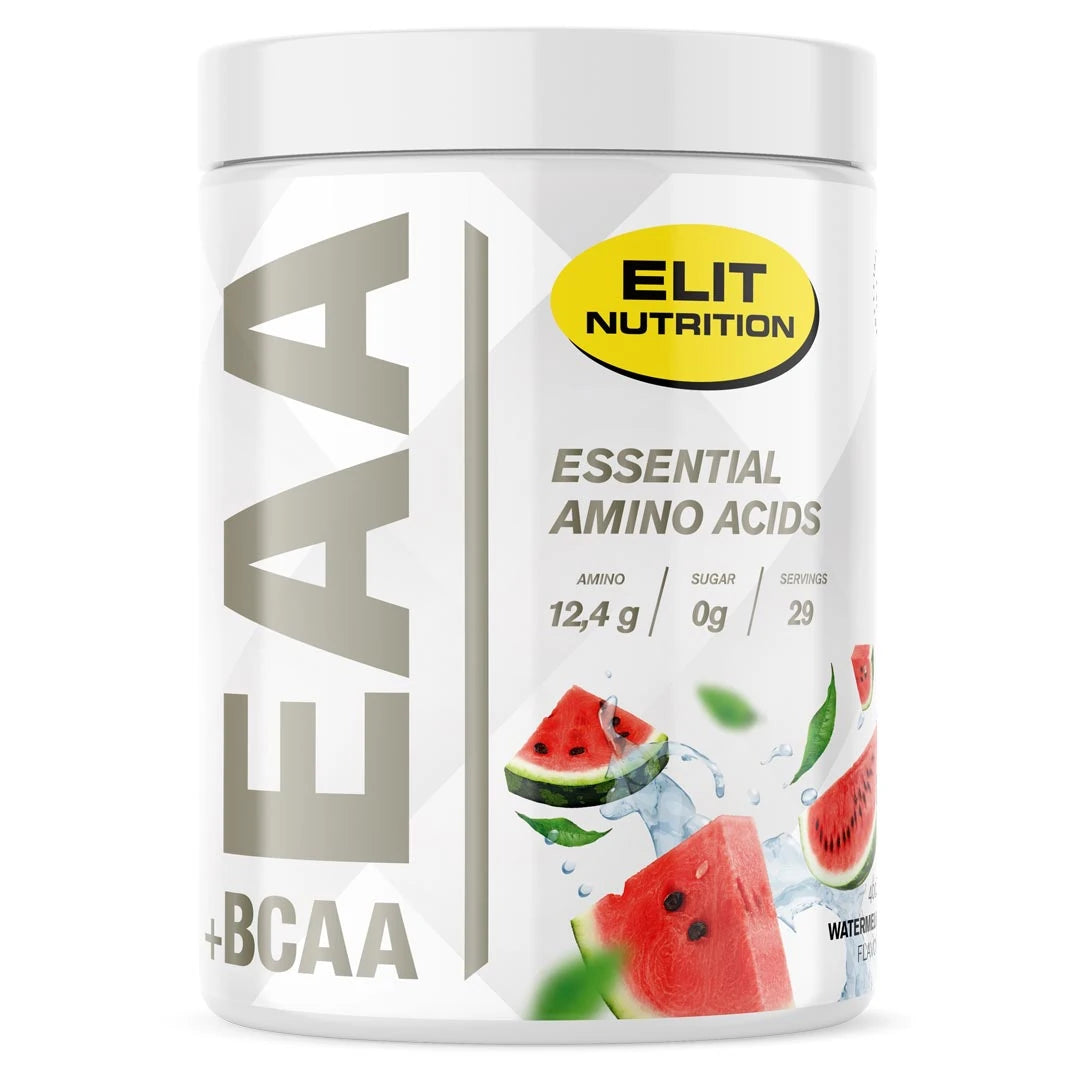 Elit Nutrition EAA + BCAA 400 g -aminohappoja valkoisessa purkissa vesimelonikuvituksella, makuna Watermelon., kuva 1/8
