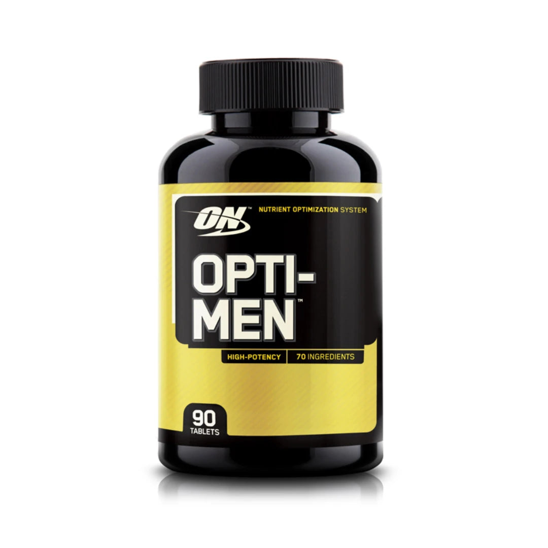 Optimum Nutrition Opti-Men 90 tabs mustassa purkissa, jossa on keltainen etiketti ja valkoinen teksti., kuva 1/1