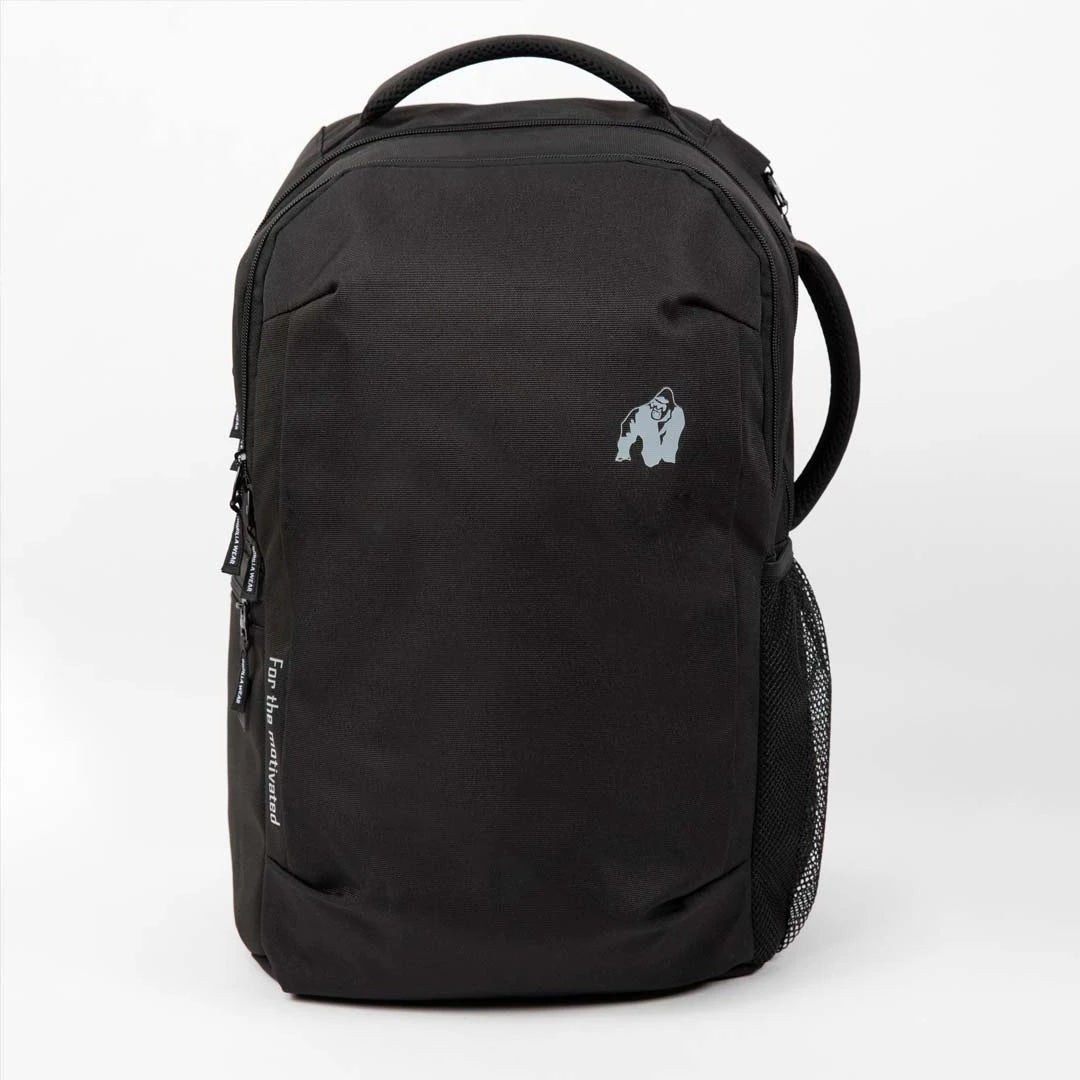 Musta Gorilla Wear Akron Backpack Black -treenireppu harmaalla logolla ja sivuverkkotaskulla., kuva 1/1