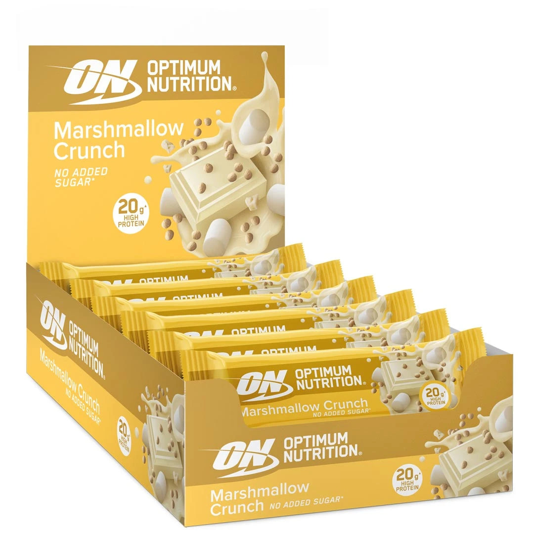 10 x Optimum Nutrition Protein Bar 65 g Marshmallow Crunch kelta-valkoisessa esittelylaatikossa, jossa on yhteensopivia patukoita., kuva 1/1