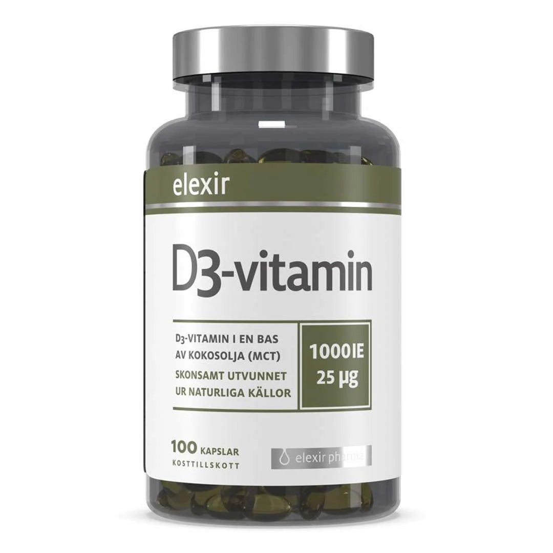 Elexir Pharma D3 Vitamin 1000IE 100 caps läpinäkyvässä hopeakantisessa purkissa valkovihreällä etiketillä., kuva 1/1
