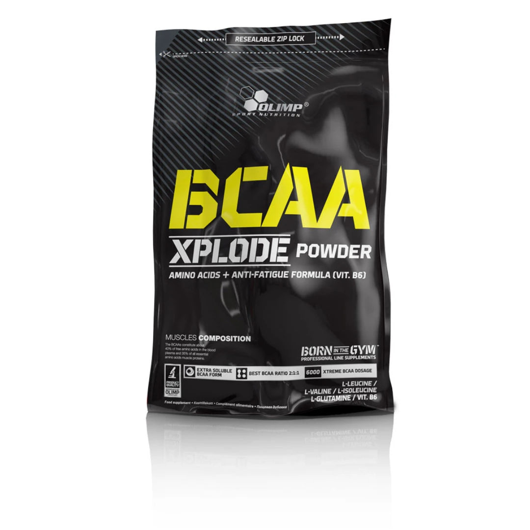 Olimp BCAA Xplode 1 kg -aminohappojauhe mustassa pussissa, jossa on keltaisia ja valkoisia tekstiyksityiskohtia., kuva 1/3