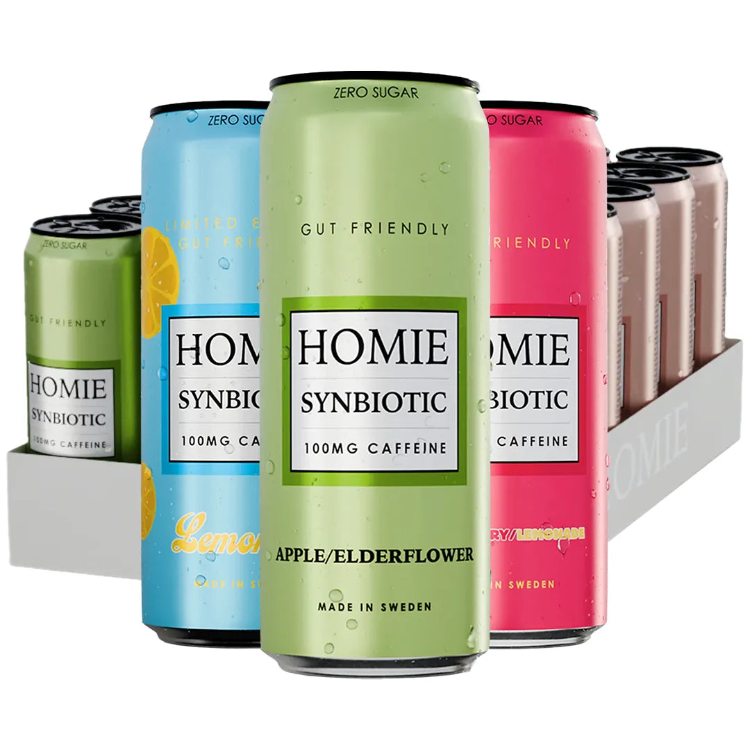 24 x Homie Wake Up Synbiotic 330 ml Mix-lava -juomia värikkäissä tölkeissä valkoisella alustalla., kuva 1/1