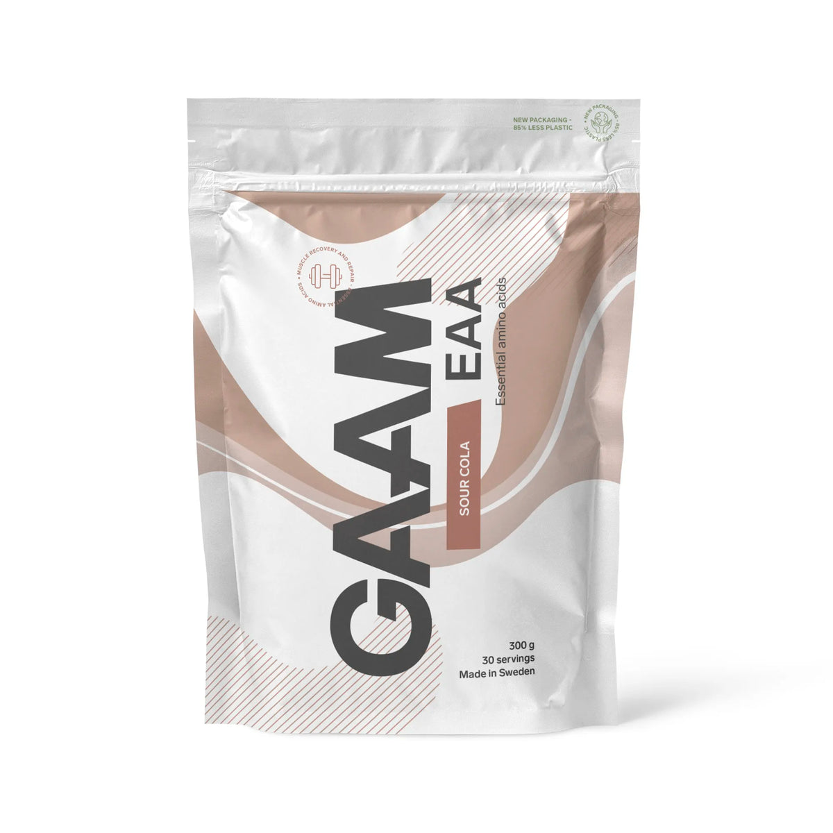 GAAM EAA 300 g -aminohappoja valkoisessa pussissa ruskeilla yksityiskohdilla, makuna Sour Cola., kuva 3/7