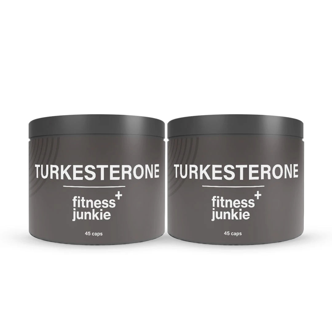 2 x fitnessjunkie Turkesterone 45 caps i två mörkgrå burkar med vit text., bild 1 av 1