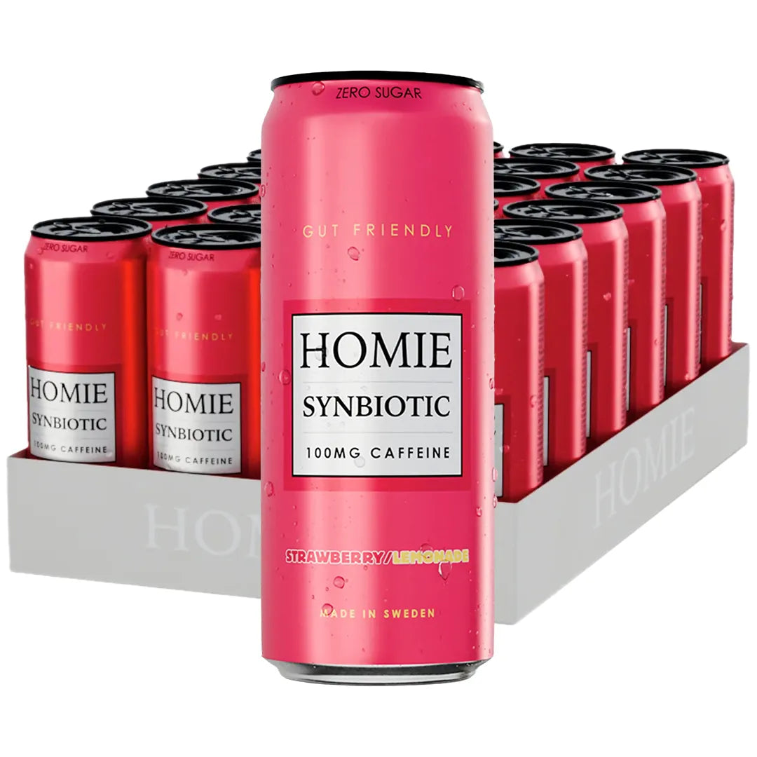 24 x Homie Wake Up Synbiotic 330 ml Strawberry Lemonade vaaleassa laatikossa, joka on täynnä vaaleanpunaisia tölkkejä., kuva 1/1
