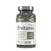Elexir Pharma B-Vitamin Komplex 100 caps tummassa läpinäkyvässä purkissa hopeisella kannella ja valkoisella etiketillä.