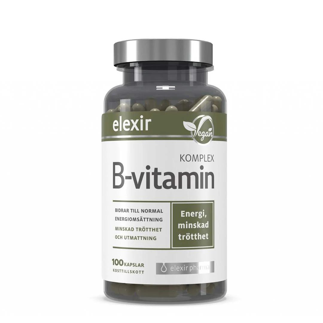 Elexir Pharma B-Vitamin Komplex 100 caps i en mörk transparent burk med silverlock och vit etikett., bild 1 av 1