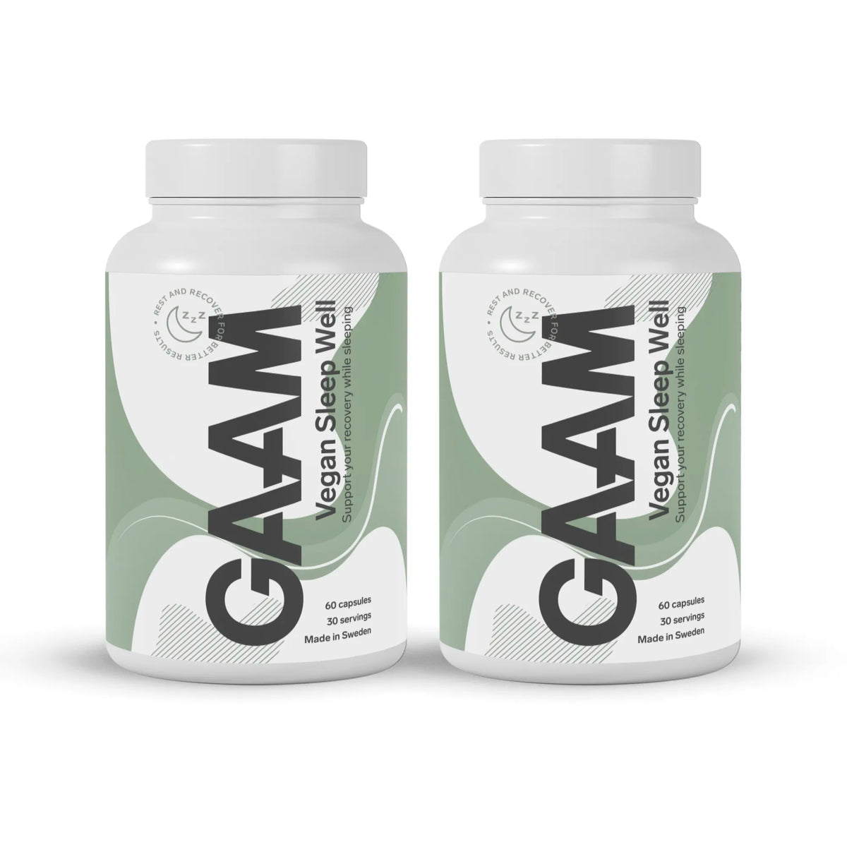 GAAM Vegan Sleep Well 120 caps palautumiseen kahdessa valkoisessa purkissa vihreillä yksityiskohdilla., kuva 1/1