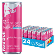 24 x Red Bull energiajuoma 250 ml Peach Edition Sugarfree - White Peach sinisessä laatikossa pinkeillä tölkeillä.