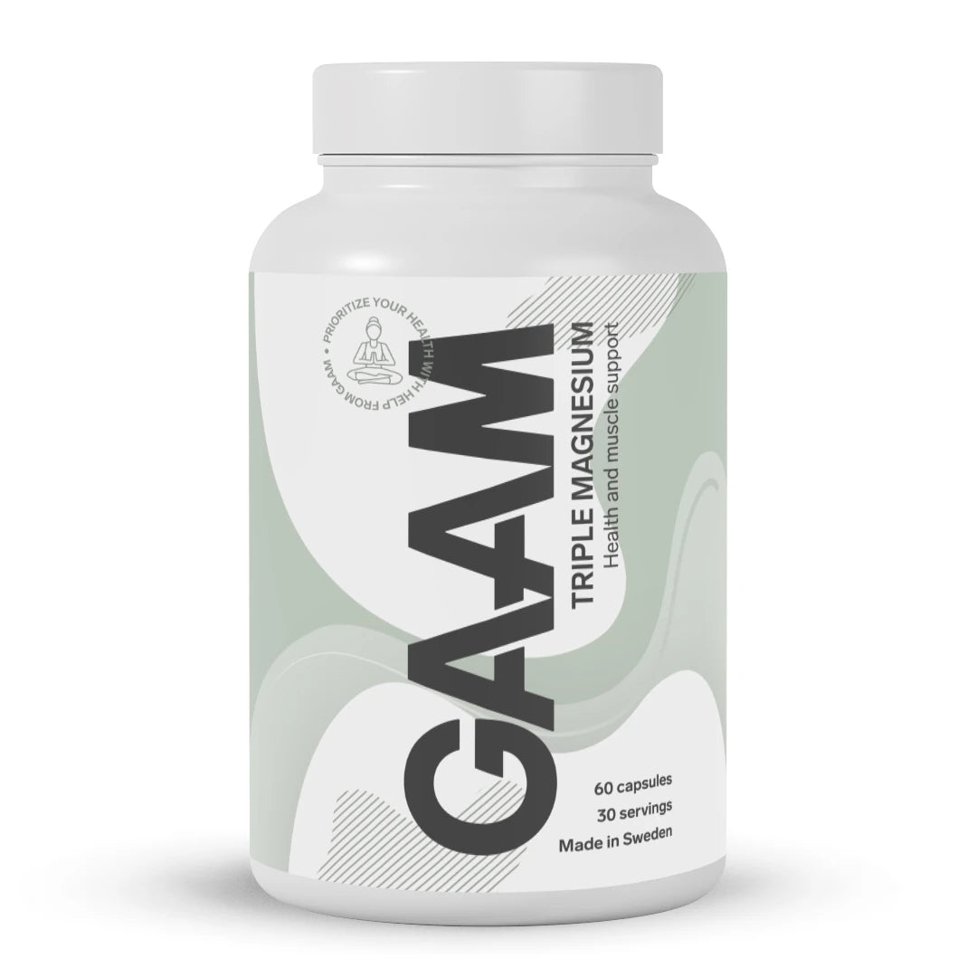 GAAM Triple Magnesium 60 caps -magnesiumravintolisä valkoisessa purkissa vaaleanvihreillä yksityiskohdilla., kuva 1/1