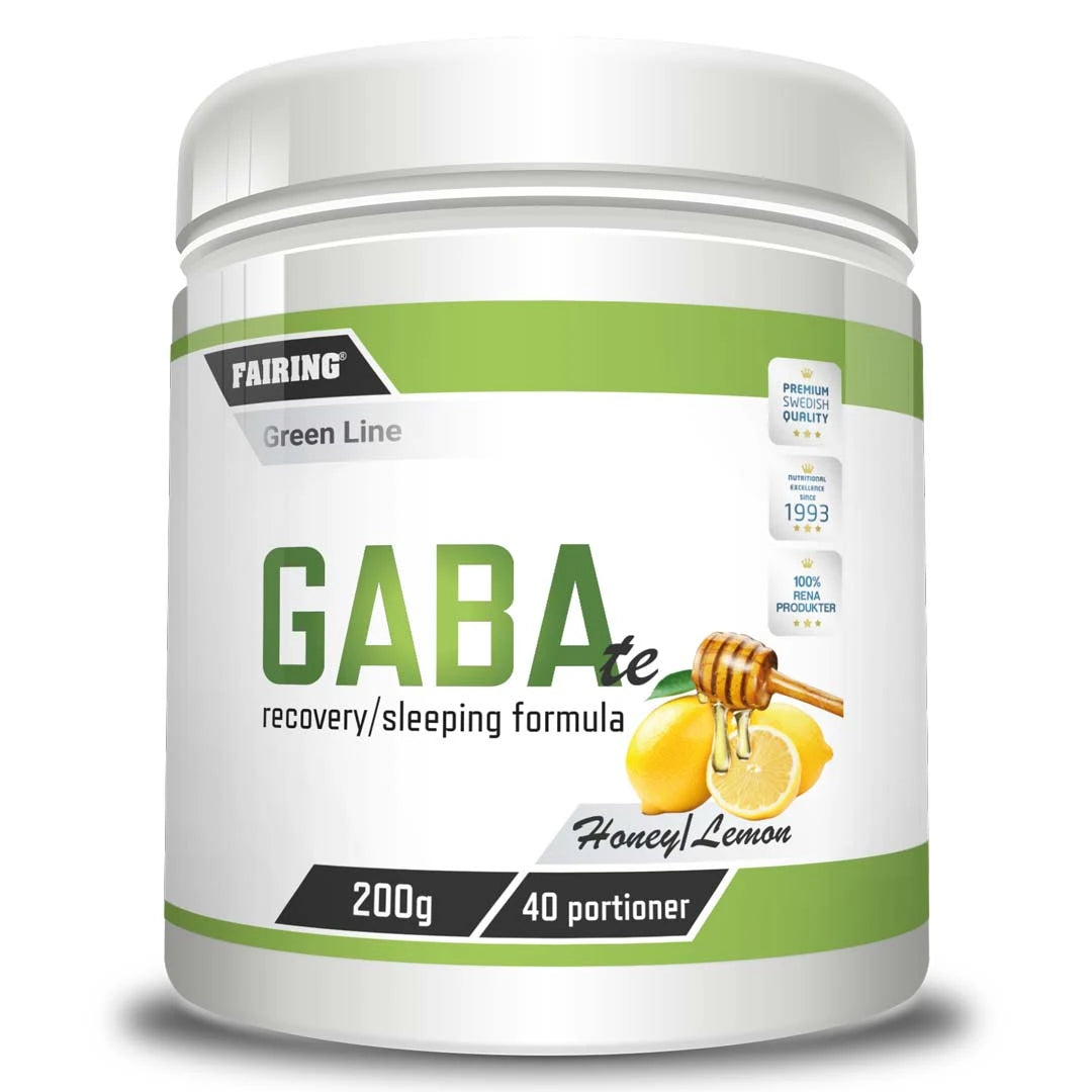 Fairing GABA Te 200 g -aminohapot valkoisessa purkissa vihreillä yksityiskohdilla sekä sitruuna- ja hunajakuvilla., kuva 1/1