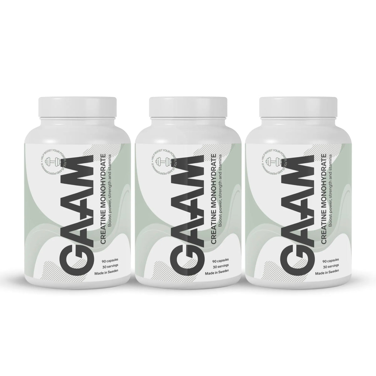 3 x GAAM Creatine Monohydrate 90 caps kolmessa valkoisessa purkissa, joissa on vaaleanvihreitä ja mustia yksityiskohtia., kuva 1/1