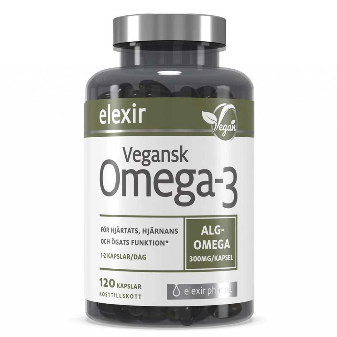 Elexir Pharma Vegan Omega-3 120 caps -ravintolisä tummassa purkissa hopeisella kannella ja vihreävalkoisella etiketillä., kuva 1/1