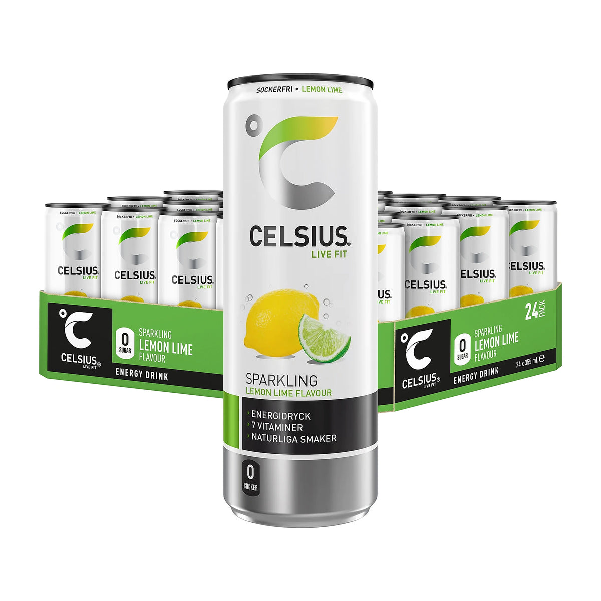 24 x Celsius 355 ml Lemon Lime -energiajuoma 24 tölkin pakkauksessa, jossa on valkoinen tölkki etualalla vihreän lavan edessä., kuva 1/1