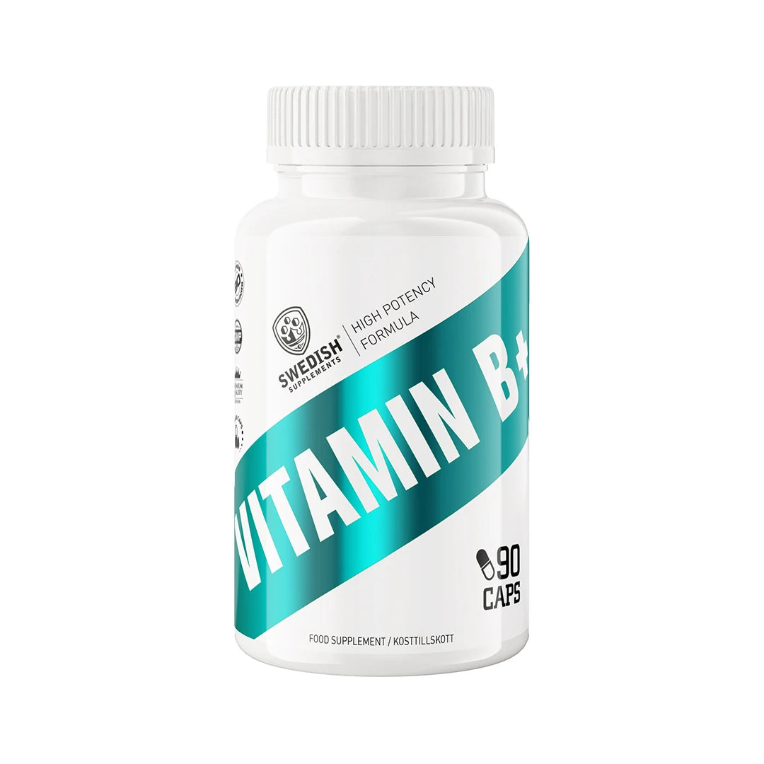 Swedish Supplements Vitamin B+ 90 caps -ravintolisä valkoisessa purkissa turkooseilla yksityiskohdilla., kuva 1/1
