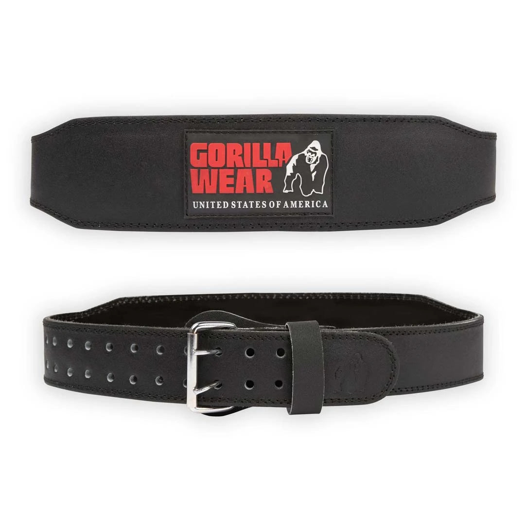 Gorilla Wear 4 Inch Padded Leather Belt Black/Red on musta nahkainen treenivyö metallisoljella ja punaisella logolla., kuva 3/3