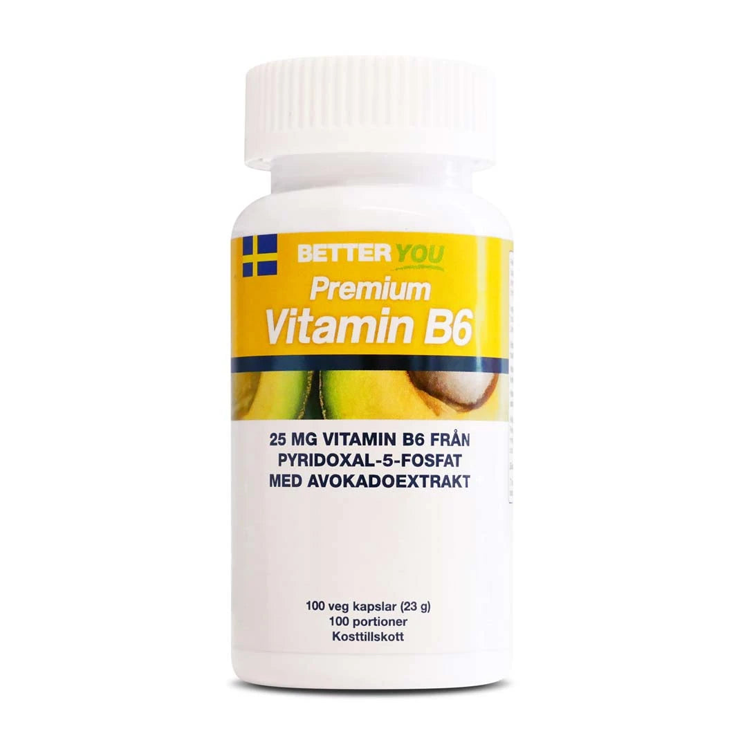 Valkoinen Better You Premium Vitamin B6 100 caps -purkki, jonka keltavalkoisessa etiketissä on avokadokuvio., kuva 1/1