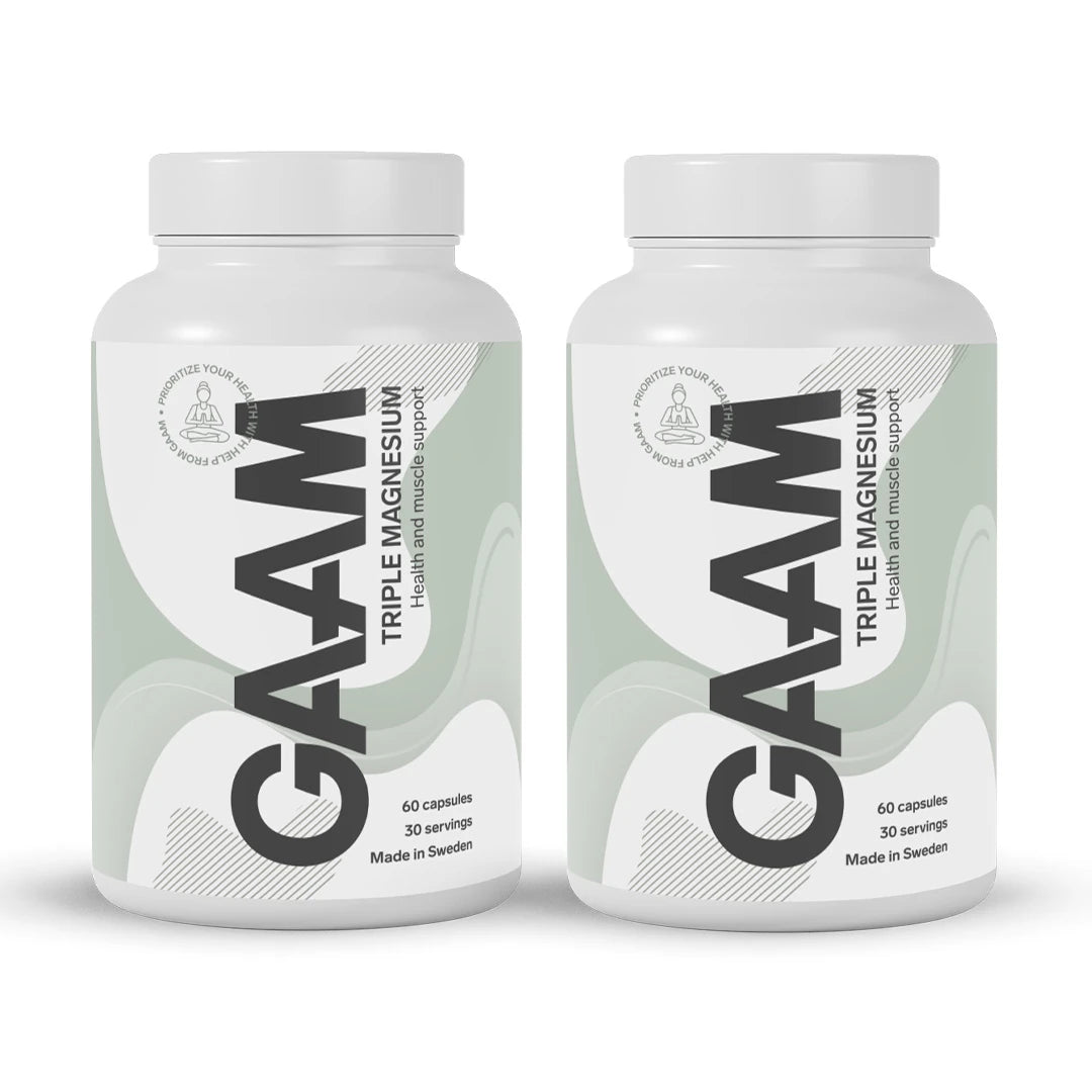 2 x GAAM Triple Magnesium 60 caps kahdessa valkoisessa purkissa vaaleanvihreillä yksityiskohdilla ja mustalla tekstillä., kuva 1/1