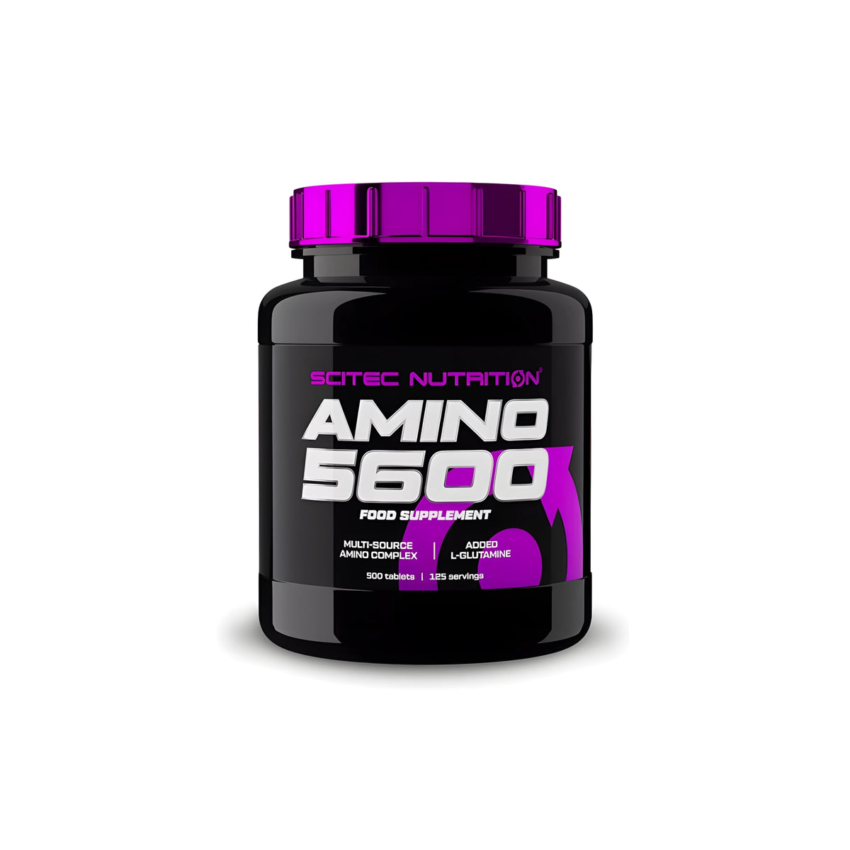 Scitec Nutrition Amino 5600 500 tabs -aminohappotabletit mustassa purkissa liiloilla yksityiskohdilla., kuva 1/1