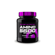Scitec Nutrition Amino 5600 500 tabs -aminohappotabletit mustassa purkissa liiloilla yksityiskohdilla.