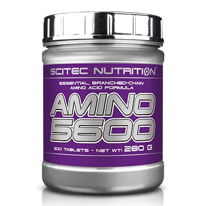 Scitec Nutrition Amino 5600 200 tabs -aminohapot hopeanvärisessä purkissa violetilla etiketillä., kuva 1/1
