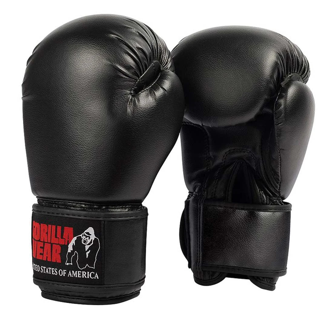 Gorilla Wear Mosby Boxing Gloves Black, mustat PU-nahkaiset nyrkkeilyhanskat punavalkoisella logolla., kuva 5/6
