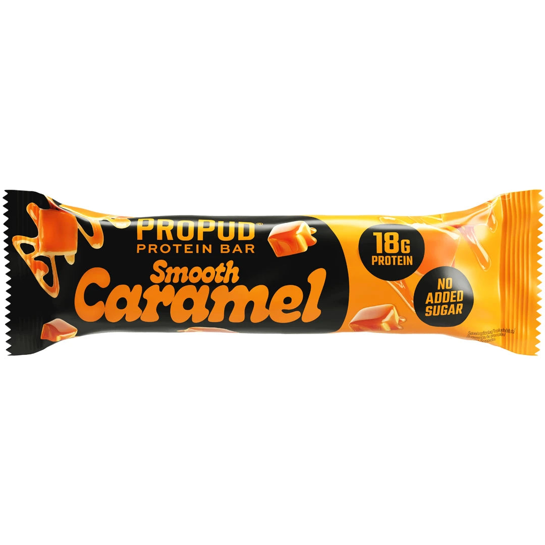 NJIE ProPud Proteinbar 55 g musta-oranssissa pakkauksessa, makuna Smooth Caramel., kuva 2/10