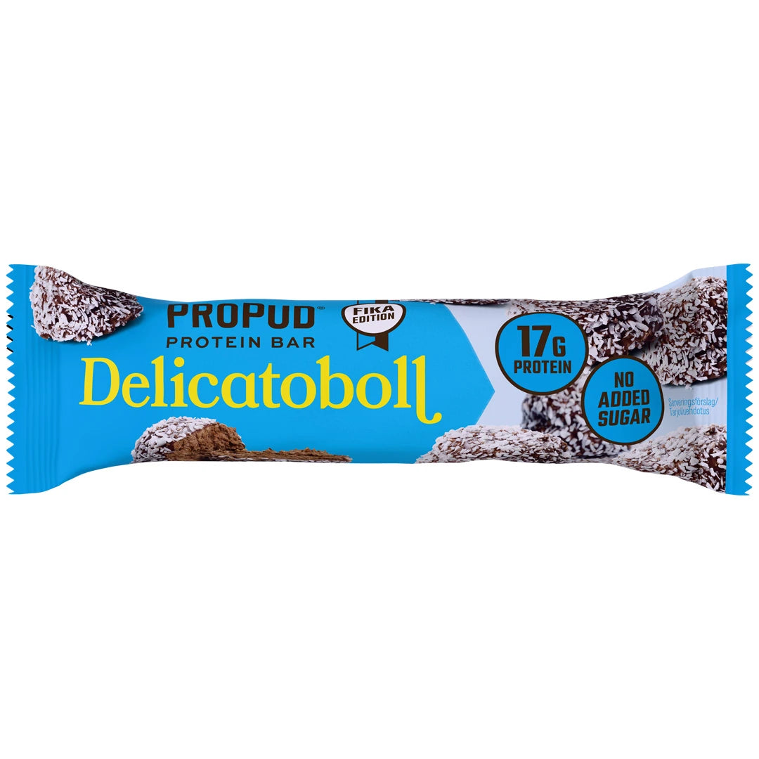 NJIE ProPud Proteinbar 55 g vaaleansinisessä pakkauksessa, jossa on suklaapalloja, makuna Delicatoboll., kuva 3/10