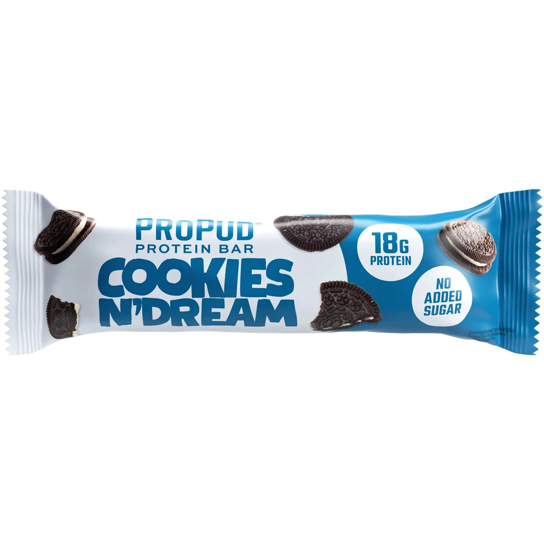 NJIE ProPud Proteinbar 55 g valko-sinisessä pakkauksessa, makuna Cookies N' Dream., kuva 8/10
