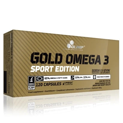 Olimp Gold Omega-3 Sport Edition 120 caps suorakulmaisessa kullanvärisessä rasiassa mustilla yksityiskohdilla., kuva 1/1