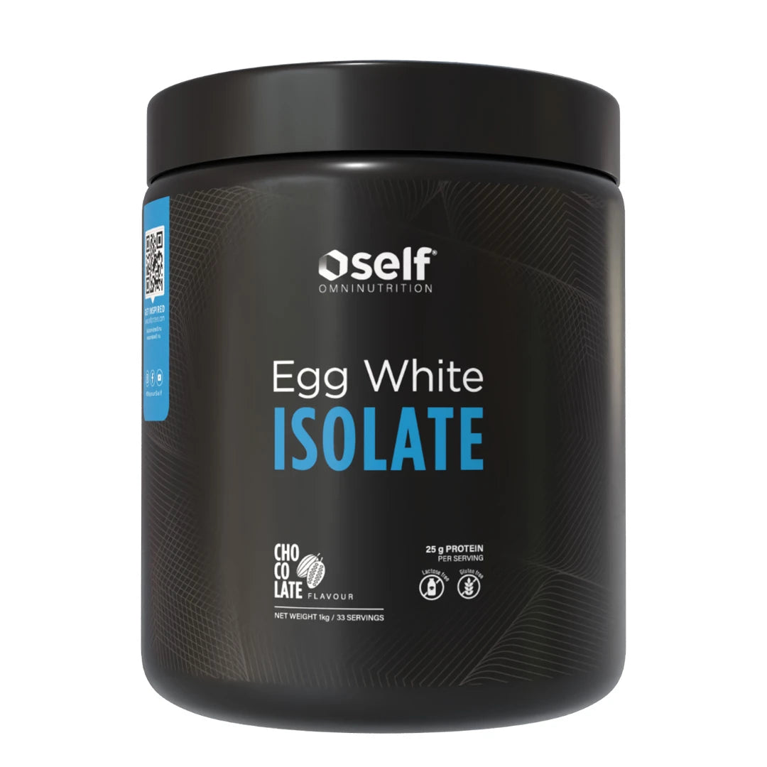 Self Omninutrition Egg White Isolate 1 kg -proteiinijauhe mustassa purkissa sinisin ja valkoisin yksityiskohdin, makuna Chocolate., kuva 1/2