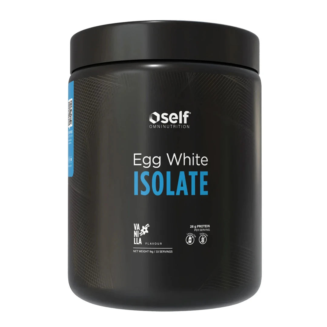 Self Omninutrition Egg White Isolate 1 kg -proteiinijauhe mustassa purkissa sinisin yksityiskohdin, makuna Vanilla., kuva 2/2