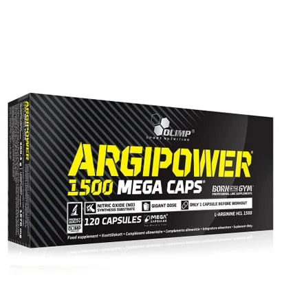 Olimp ArgiPower 1500 Mega caps 120 caps l-arginiinia mustassa kartonkipakkauksessa keltaisella tekstillä., kuva 1/1