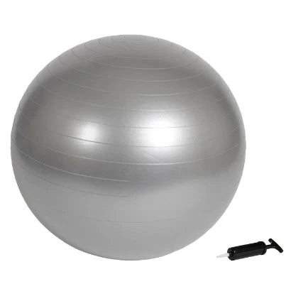 Hopeanvärinen Virtufit Gym Ball + Pump 65 cm -jumppapallo PVC-materiaalia sekä musta käsipumppu.