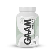 Valkoinen purkki GAAM Omega-3 90 caps -ravintolisää, jossa on vaaleanvihreä-valkoinen etiketti ja musta teksti.