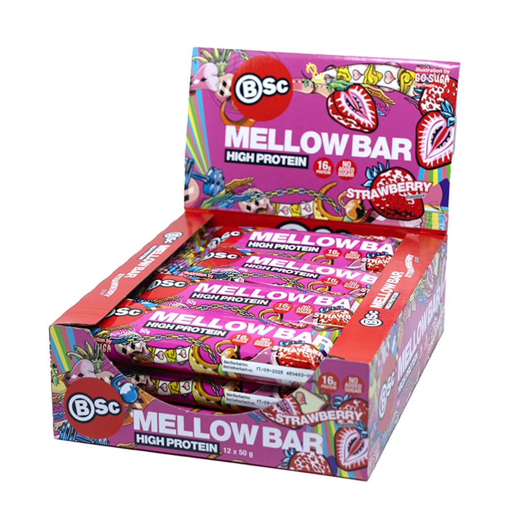 12 x BSc Mellow Bar 50 g Strawberry -proteiinipatukat värikkäässä vaaleanpunaisessa esittelylaatikossa., kuva 1/1