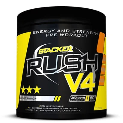 Stacker2 Rush V4 360 g pre-workout -jauhe mustassa purkissa keltaisilla yksityiskohdilla, makuna Fruit Punch., kuva 1/2