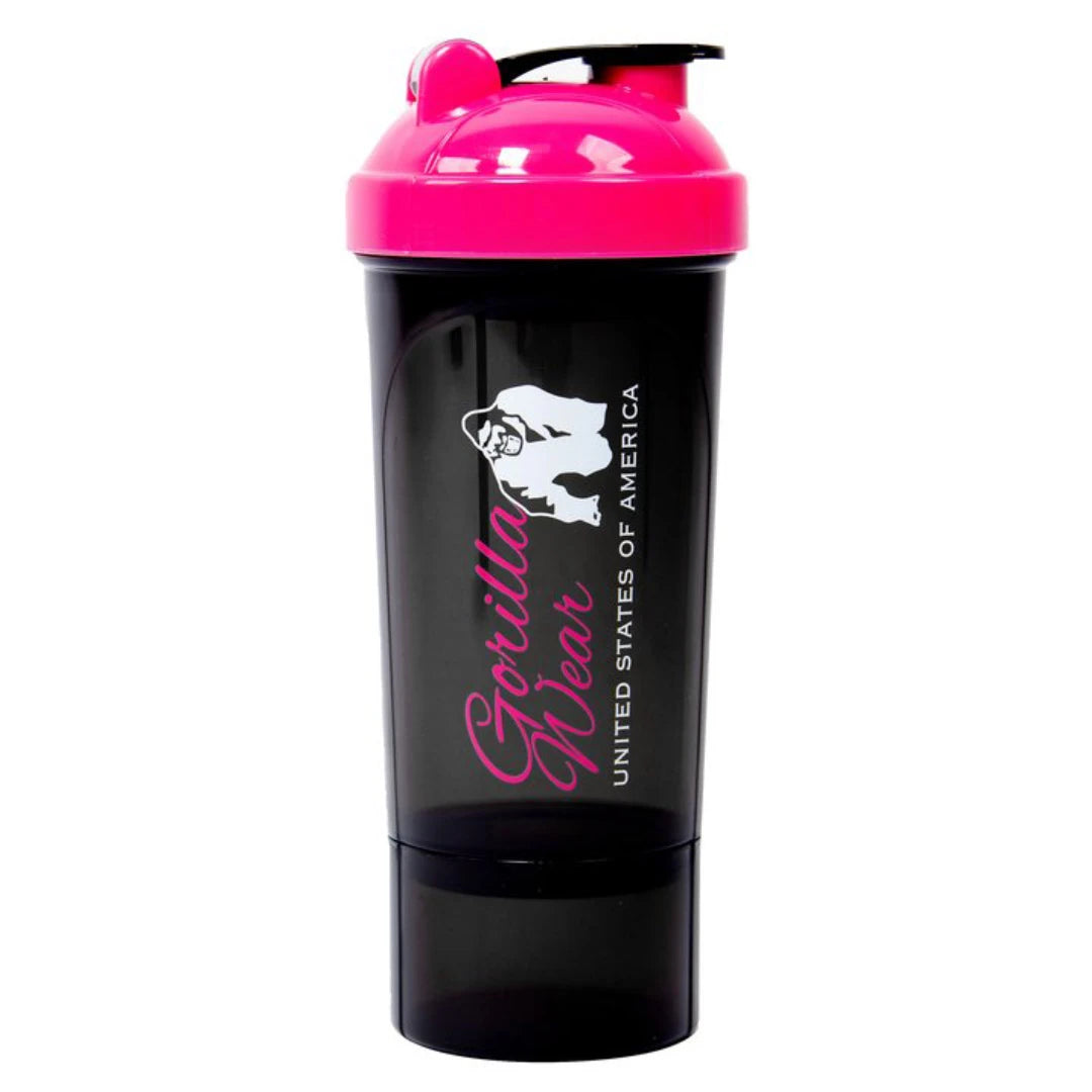 Musta muovinen Gorilla Wear Compact Shaker Black &amp; Pink pinkillä kannella ja erillisellä säiliöllä pohjassa., kuva 1/1