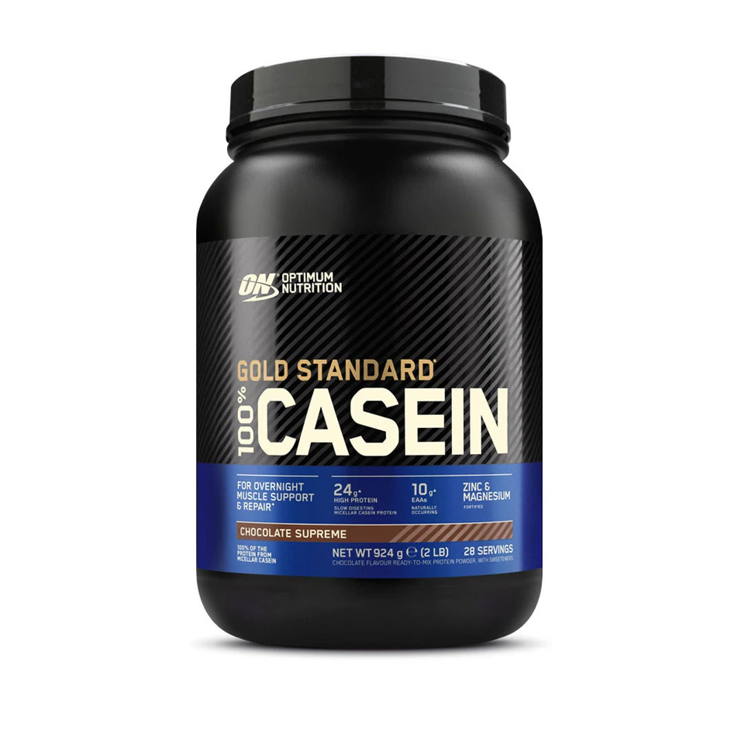 Optimum Nutrition 100% Casein Gold Standard 908 g -kaseiiniproteiini mustassa purkissa, jossa on sinisiä yksityiskohtia., kuva 1/2