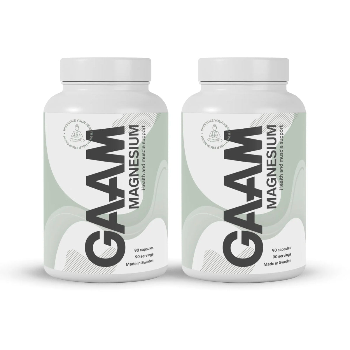 2 x GAAM Magnesium 90 caps valkoisissa purkeissa, joissa on vaaleanvihreitä ja mustia yksityiskohtia., kuva 1/1