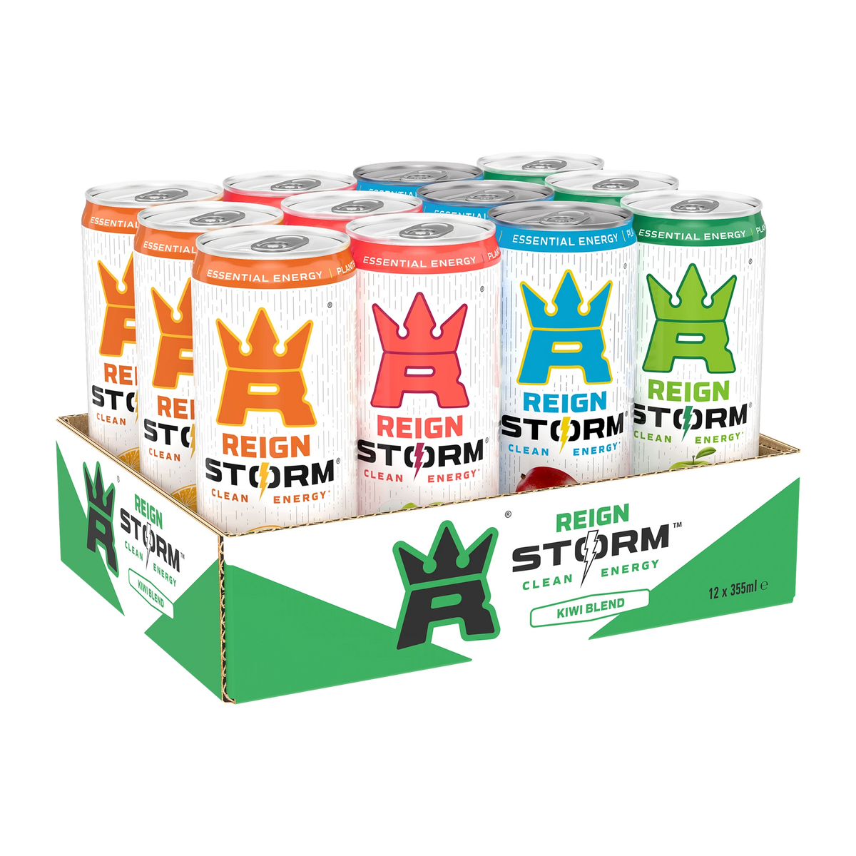 12 x Reign Storm Energy 355 ml Mixflak vihreä-valkoisessa pahvialustassa, jossa on erivärisiä tölkkejä eri mauilla., kuva 1/1