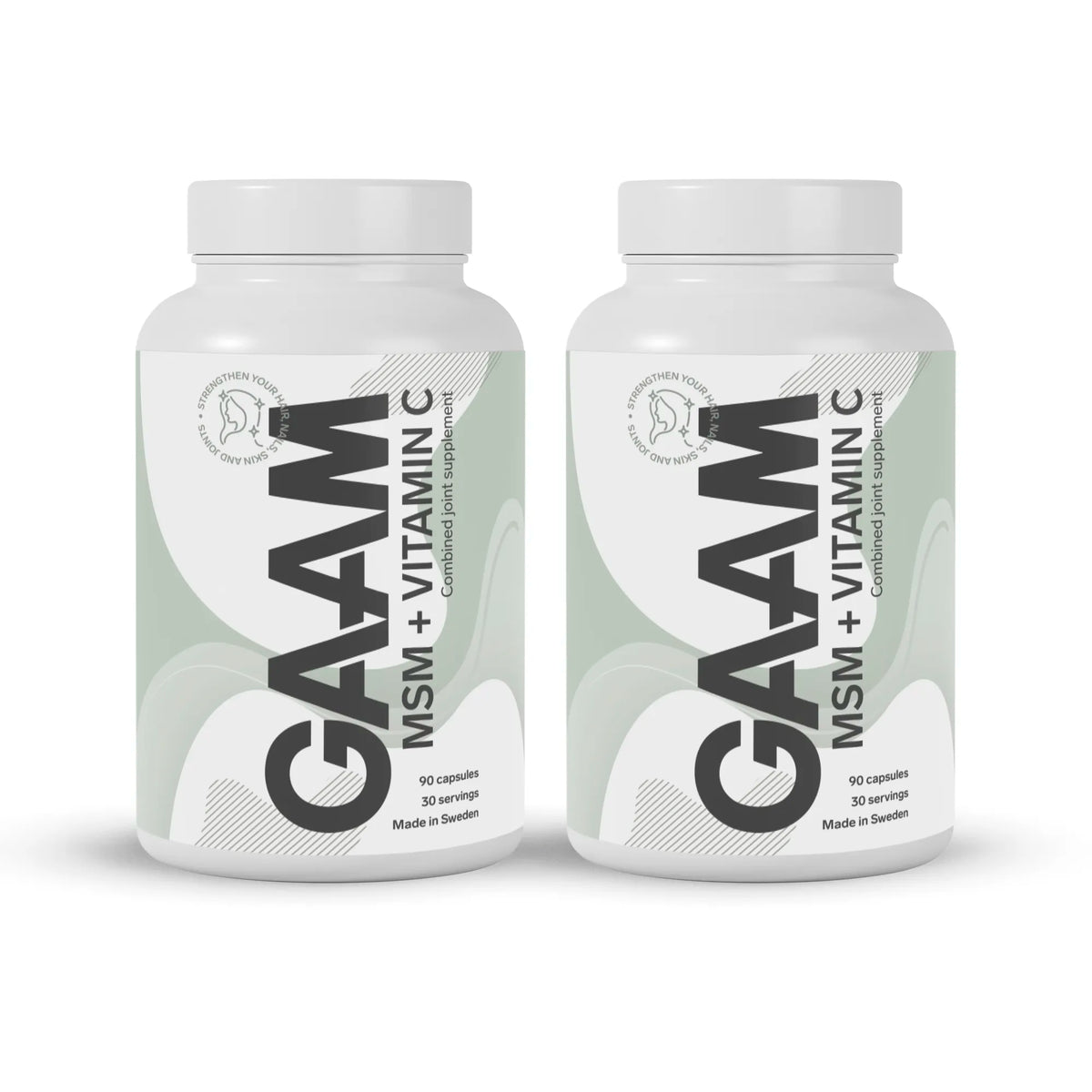 2 x GAAM MSM + Vitamin C 90 caps kahdessa valkoisessa purkissa vaaleanvihreillä ja tummanharmailla yksityiskohdilla., kuva 1/1