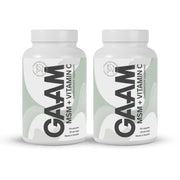 2 x GAAM MSM + Vitamin C 90 caps kahdessa valkoisessa purkissa vaaleanvihreillä ja tummanharmailla yksityiskohdilla.