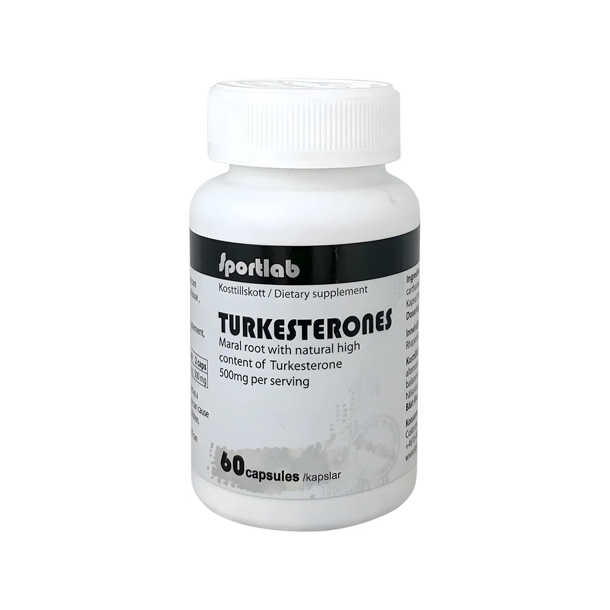 Sportlab Turkesterone 60 caps -ravintolisä valkoisessa purkissa mustilla yksityiskohdilla., kuva 1/1