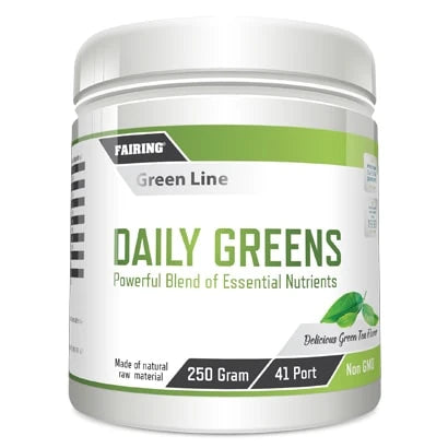 Fairing Daily Greens 250 g -ravintolisä valkoisessa muovipurkissa vihreillä yksityiskohdilla, makuna Delicious Green Tea., kuva 1/1